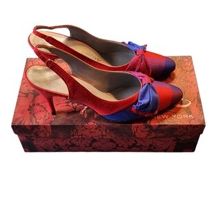 Vintage Palizzio Merlin Blue/Red/Purple Plaid Fabric Slingback Heels Size 8.5AA